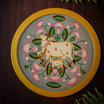 Pichwai Cow and Lotus Handpainted Wall Plate - 8"