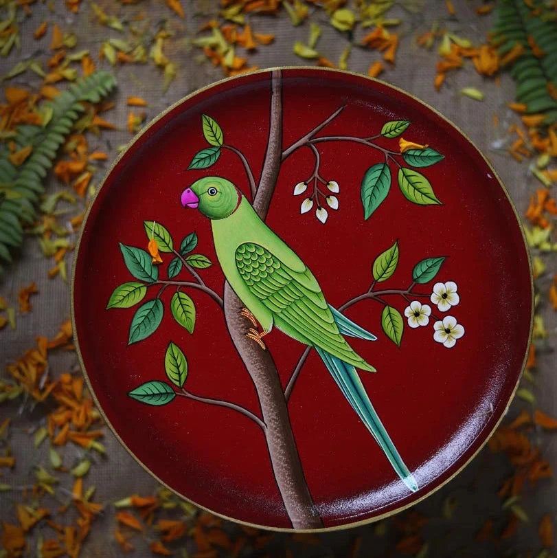 Pichwai Parrot Handpainted Wall Plate - 10"