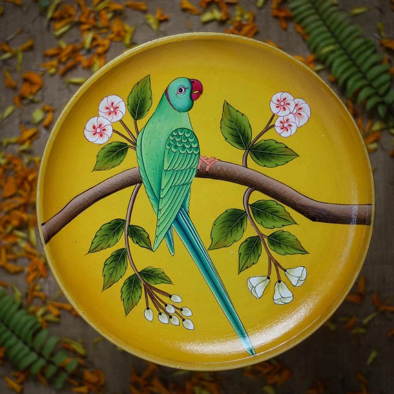 Pichwai Parrot Handpainted Wall Plate - 10"