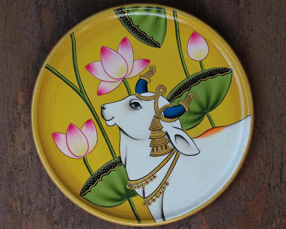 Pichwai Nandi Handpainted Wall Plate - 8"