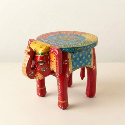 Hand-Carved Wooden Elephant Stool (Vintage Red)
