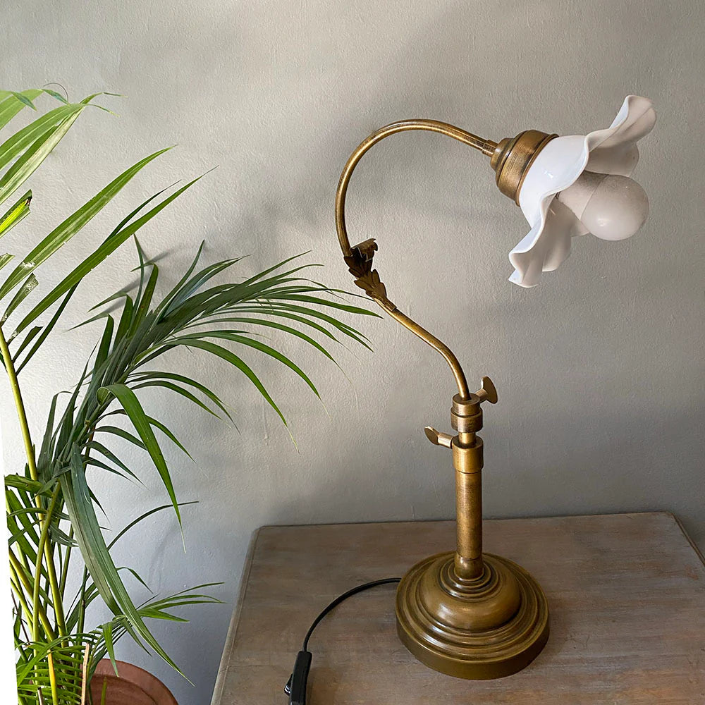 Vintage-style brass lamp with white floral shade on a wooden surface next to a plant.
