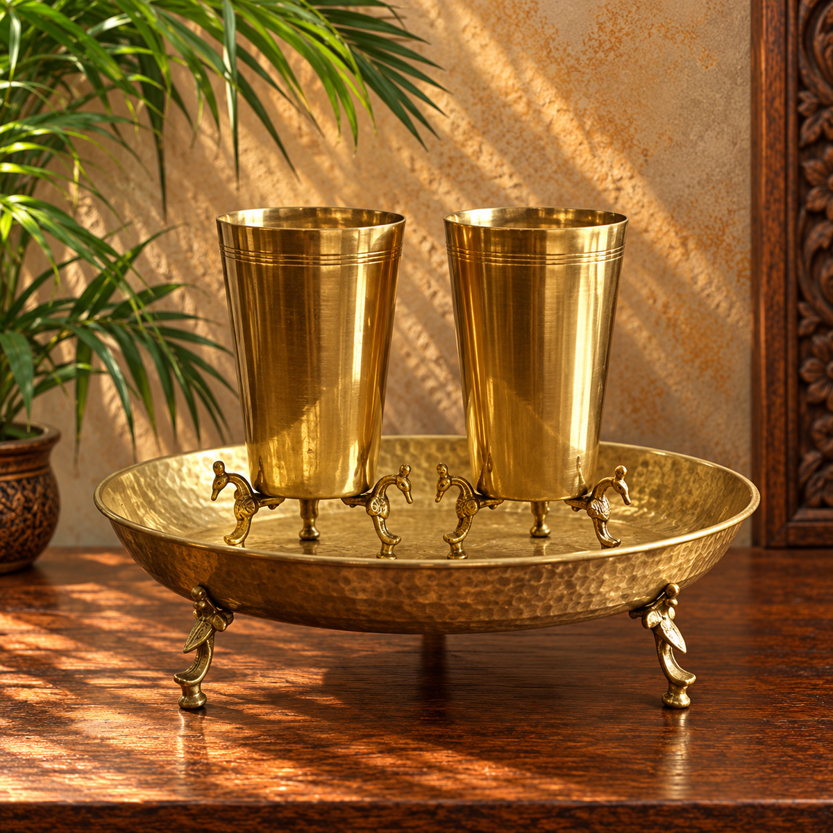 Vintage Pure Brass/Pital Urli & Tumblers Combo Set