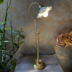 Vintage-style brass lamp with white glass shade on a marble surface, next to a plant and dried flowers.