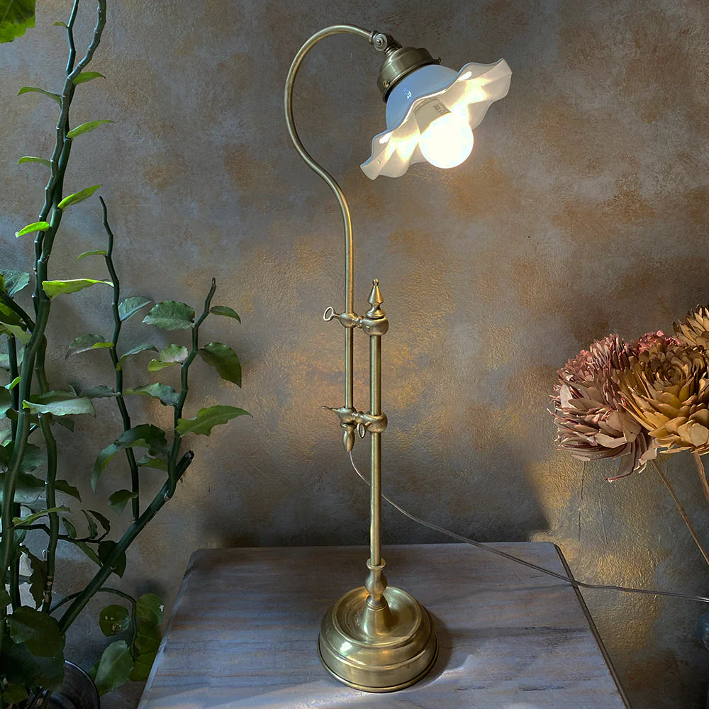 Vintage-style brass lamp with white glass shade on a marble surface, next to a plant and dried flowers.