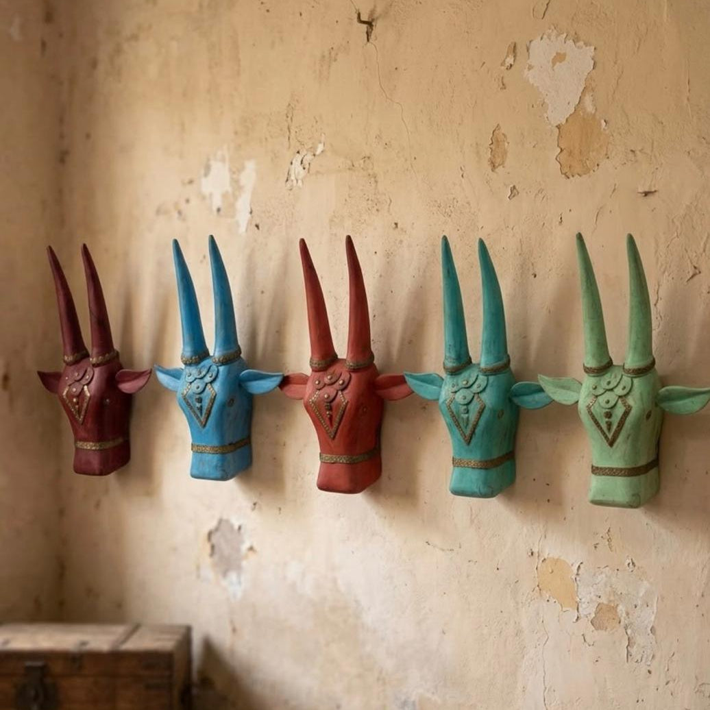 Handcrafted Wooden Cow Head Wall Decor (Set of 5)