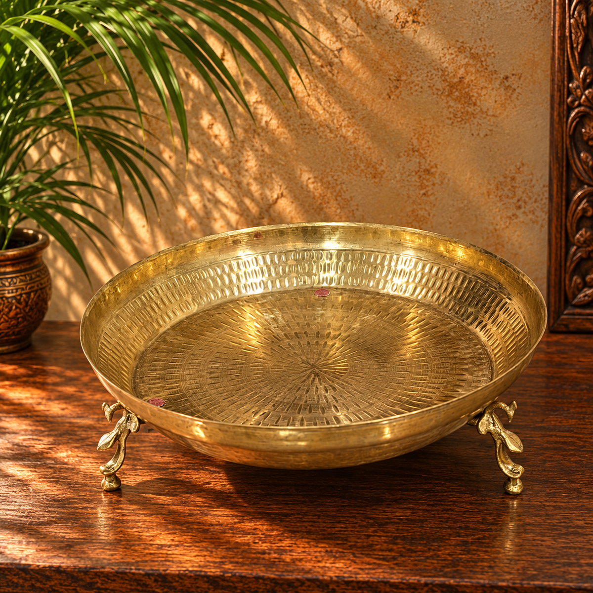 Vintage Brass Urli/Parath on Peacock Legs