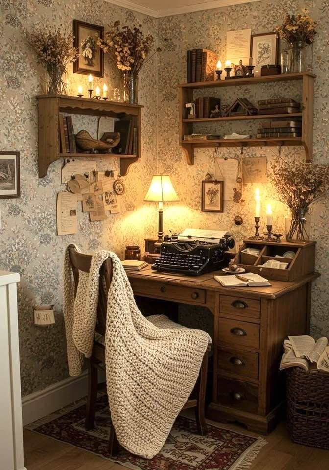Vintage-style home office with wooden desk, typewriter, and decorative wall elements.